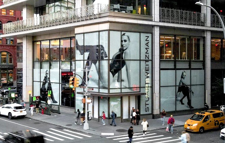 Stuart Weitzman building wrap and window takeover on a SoHo corner, New York.