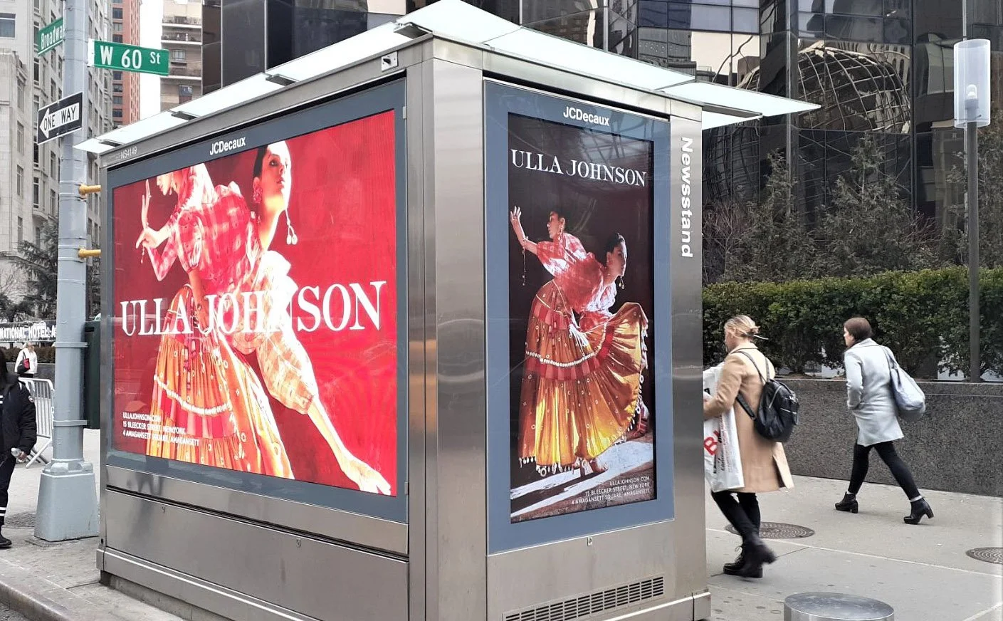 Ulla Johnson creative on a digital newsstand at Columbus Circle, New York.