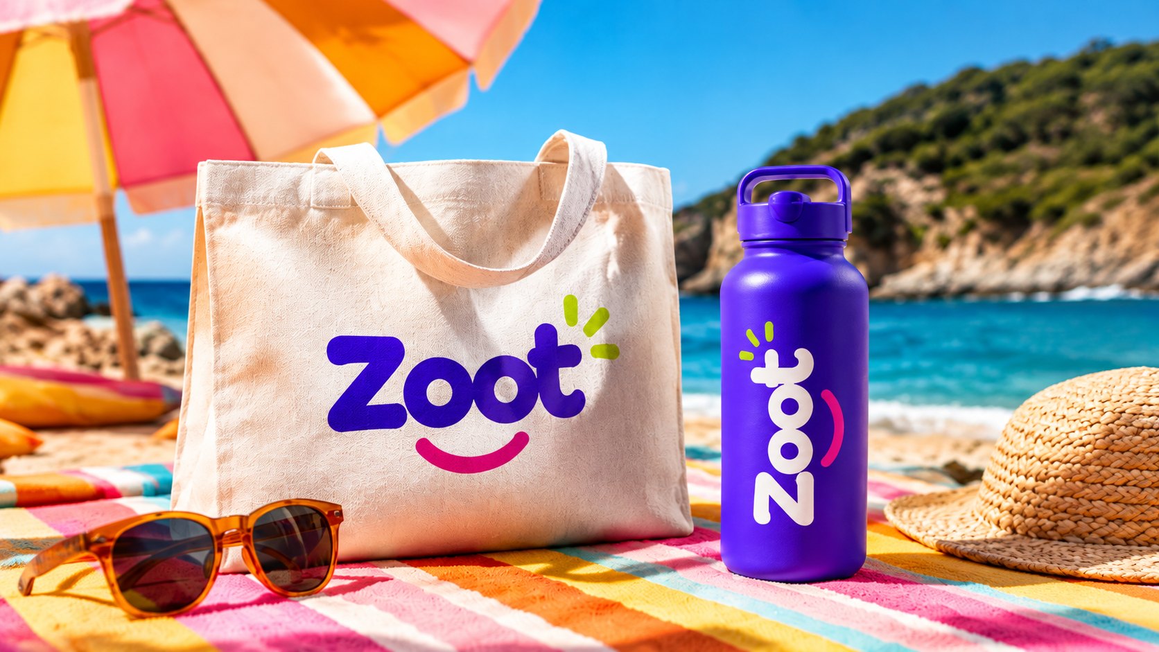 Zoot branded canvas tote and purple water bottle on a striped beach towel by the sea.