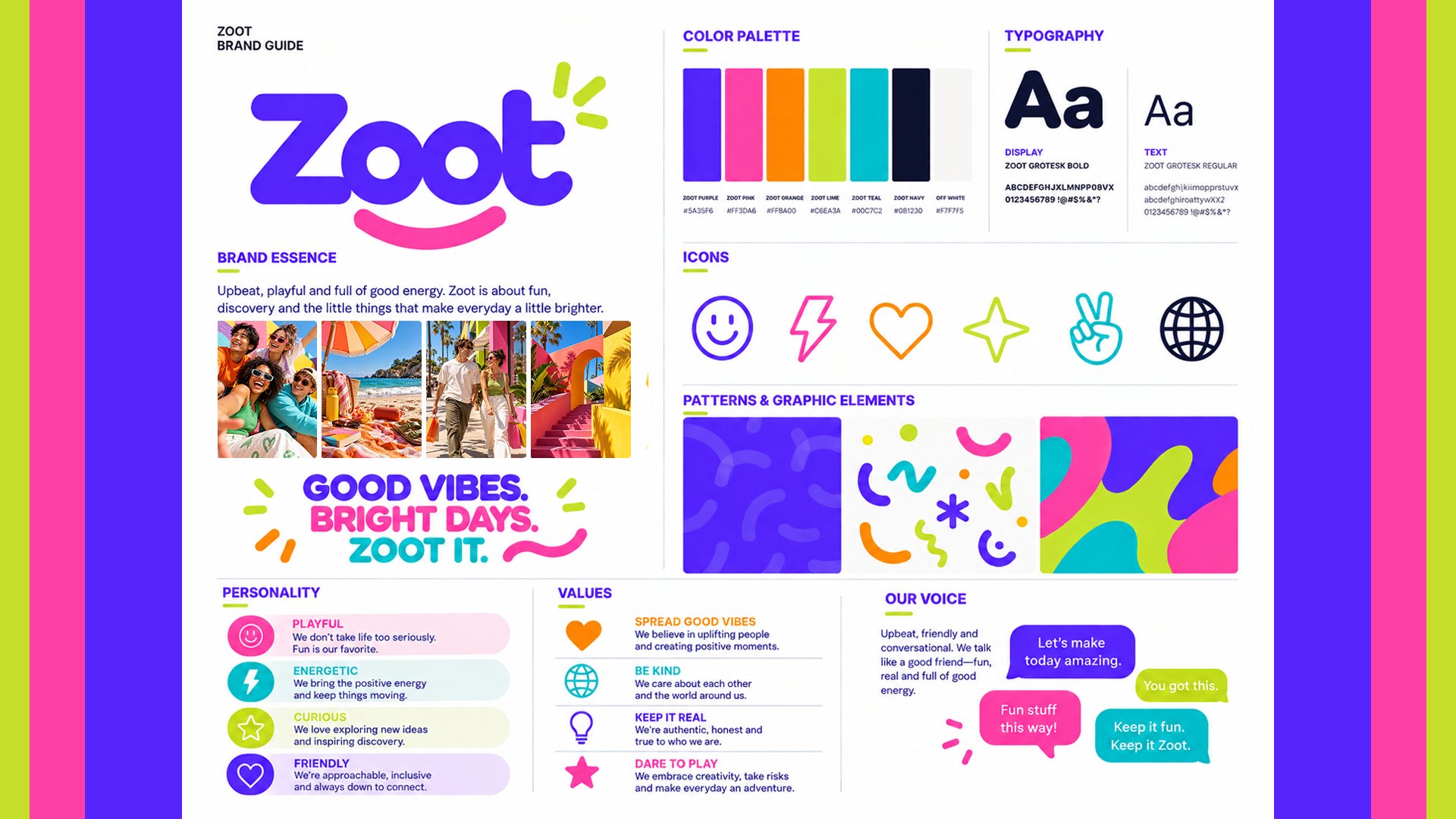 Zoot brand guide board with logo, color palette, typography, icons, patterns, and brand voice.
