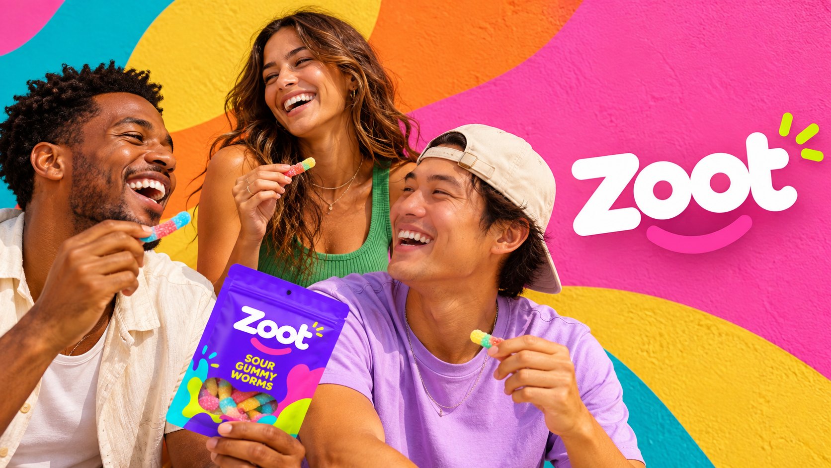 Three friends laughing and sharing Zoot sour gummy worms against a bold color-blocked Zoot backdrop.