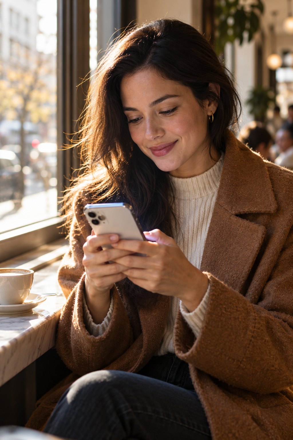 A woman in a caramel wool coat smiling at her phone by a sunlit café window.